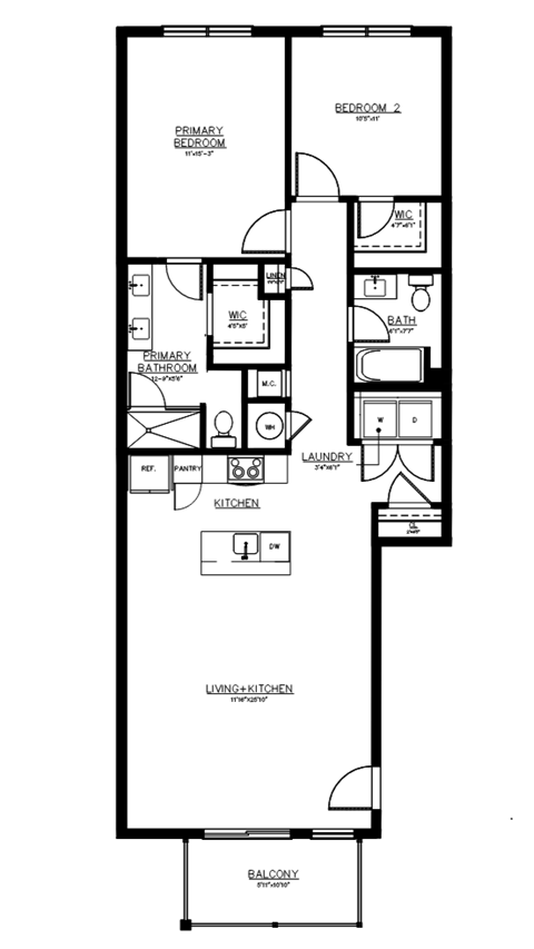 Floor plan for 2 beds, 2 baths, 1197 sqft